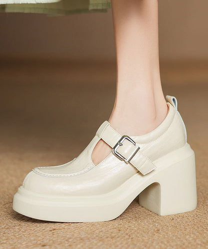 Beige Sheepskin Chunky Heel Loafers Women Splicing Buckle Strap YC008