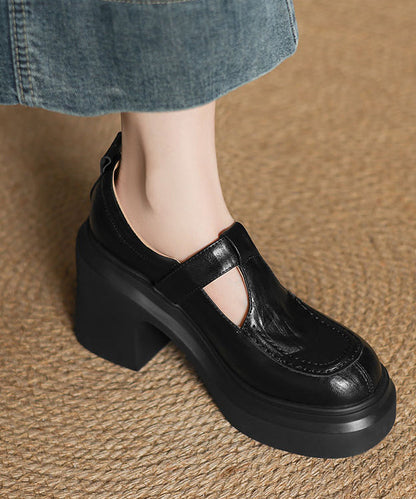 Beige Sheepskin Chunky Heel Loafers Women Splicing Buckle Strap YC008