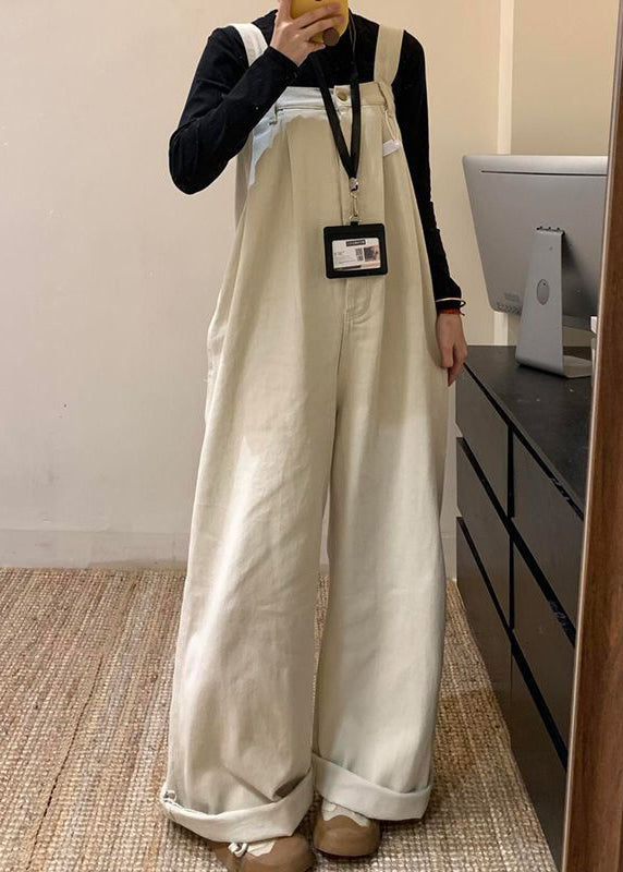 Combinaison d'été en jean beige large à taille haute et jambes larges, couleur unie