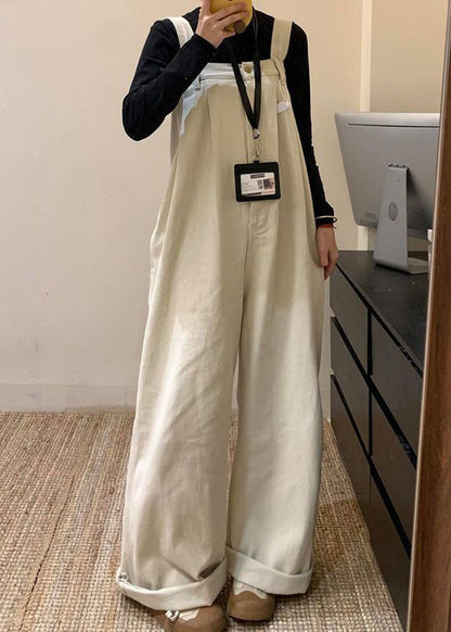 Combinaison d'été en jean beige large à taille haute et jambes larges, couleur unie