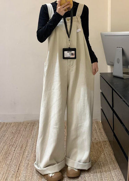 Combinaison d'été en jean beige large à taille haute et jambes larges, couleur unie