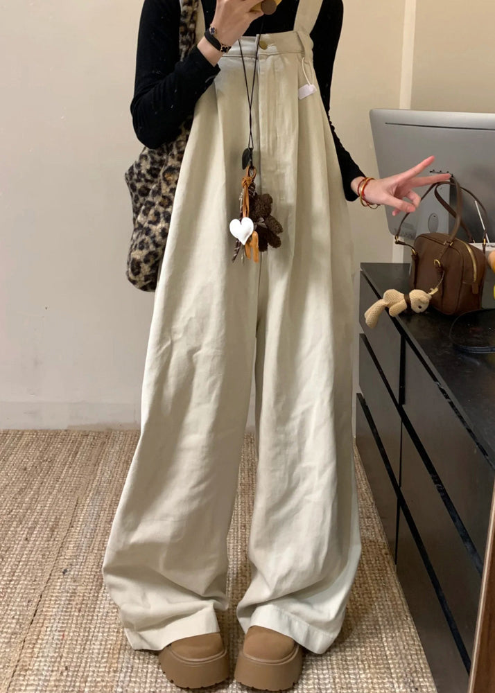 Combinaison d'été en jean beige large à taille haute et jambes larges, couleur unie