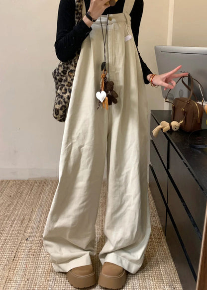 Combinaison d'été en jean beige large à taille haute et jambes larges, couleur unie