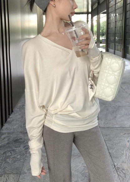 Haut ample en coton beige uni à col en V TD026