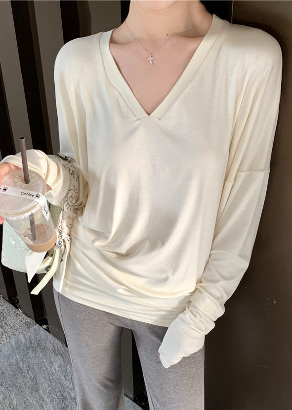 Haut ample en coton beige uni à col en V TD026