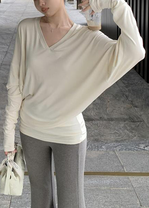 Haut ample en coton beige uni à col en V TD026