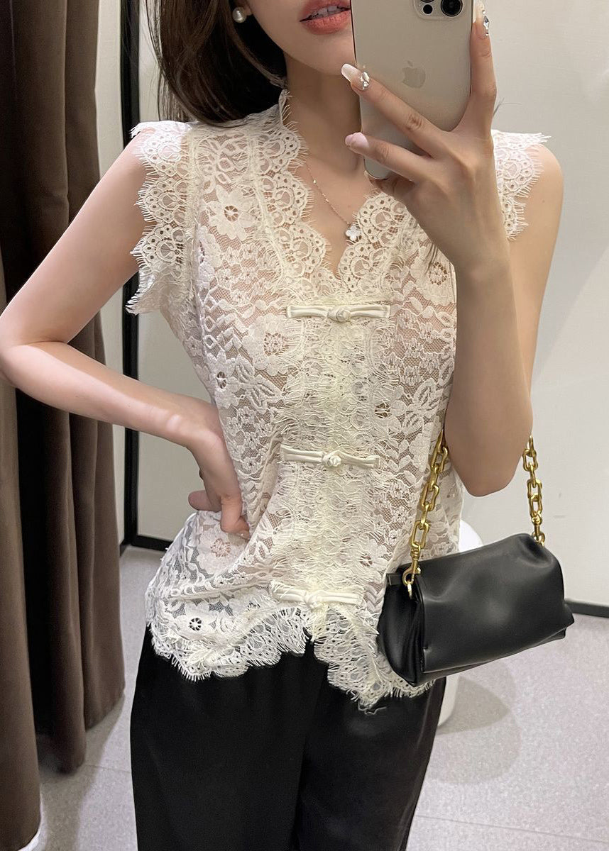 Beige V Neck Button Lace Vest Summer VB1069