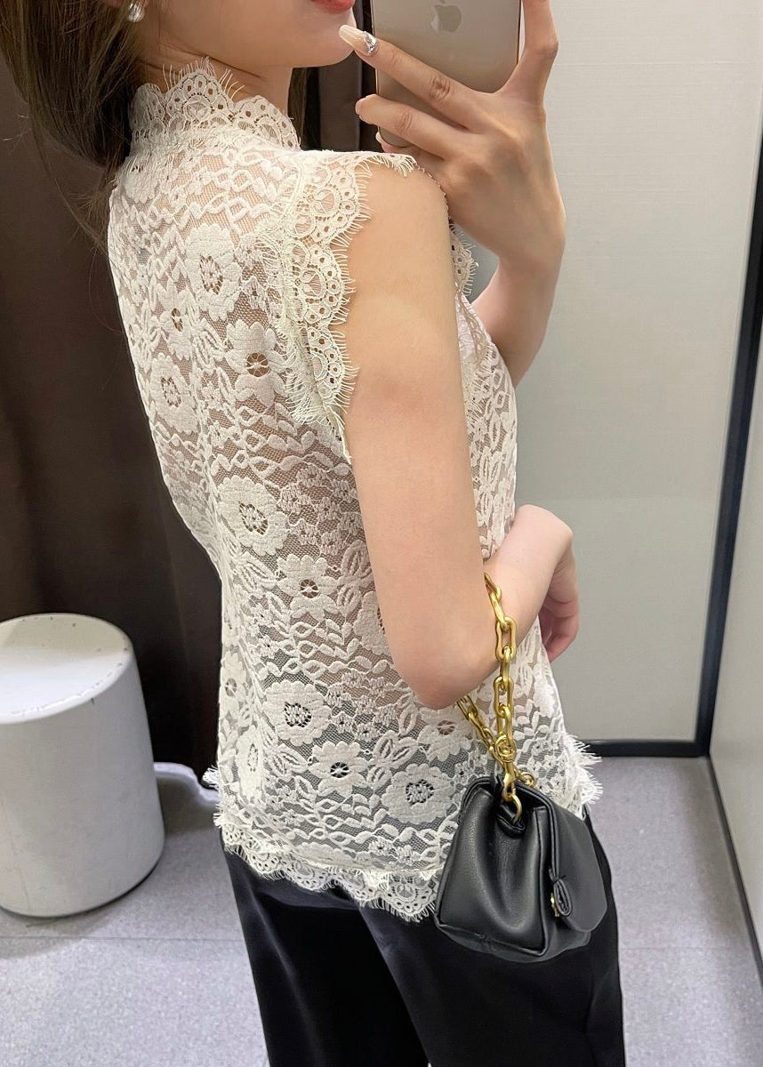 Beige V Neck Button Lace Vest Summer VB1069