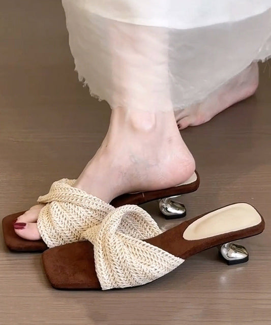 Sandals Faux Slide Leather Fitted Beige Wedge Splicing