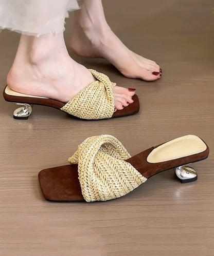 Sandals Faux Slide Leather Fitted Beige Wedge Splicing