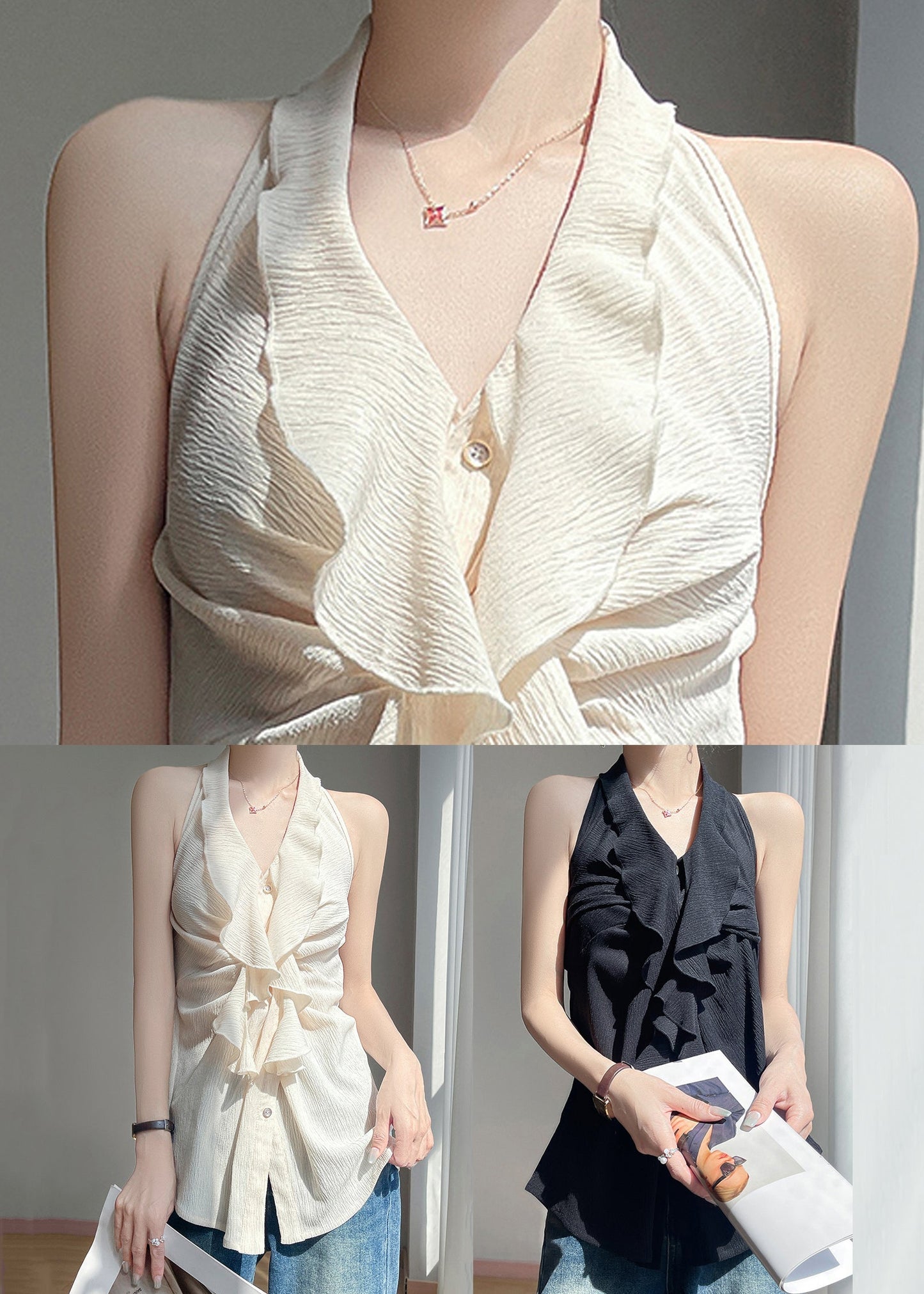 Black Ruffled Cotton Button Summer Backless Blouses