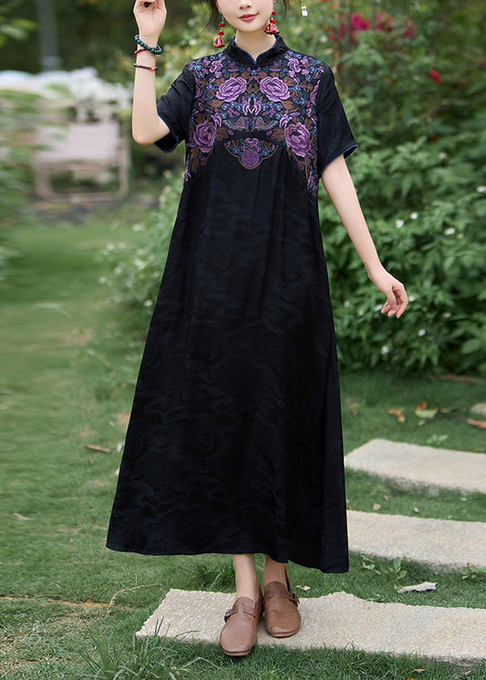 Black Bohemian Silk Dress Embroidered Stand Collar Summer WW1017