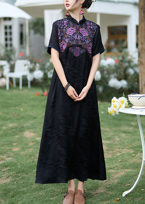 Black Bohemian Silk Dress Embroidered Stand Collar Summer WW1017