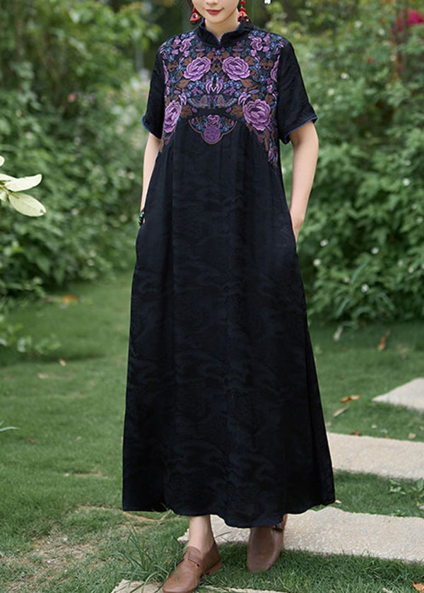 Black Bohemian Silk Dress Embroidered Stand Collar Summer WW1017