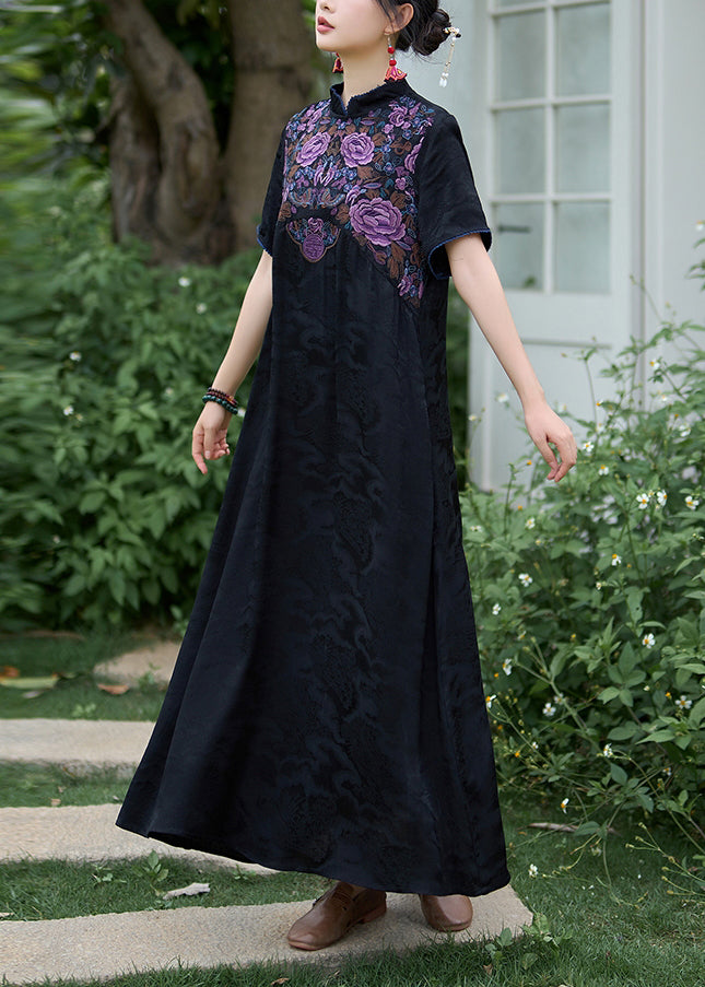 Black Bohemian Silk Dress Embroidered Stand Collar Summer WW1017