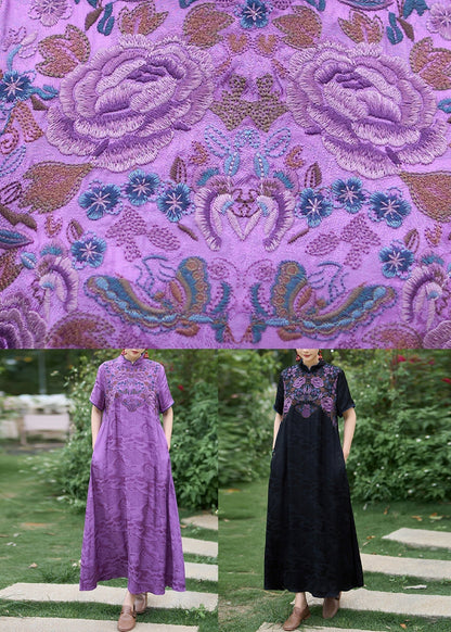 Robe en soie noire bohème brodée à col montant pour l'été WW1017