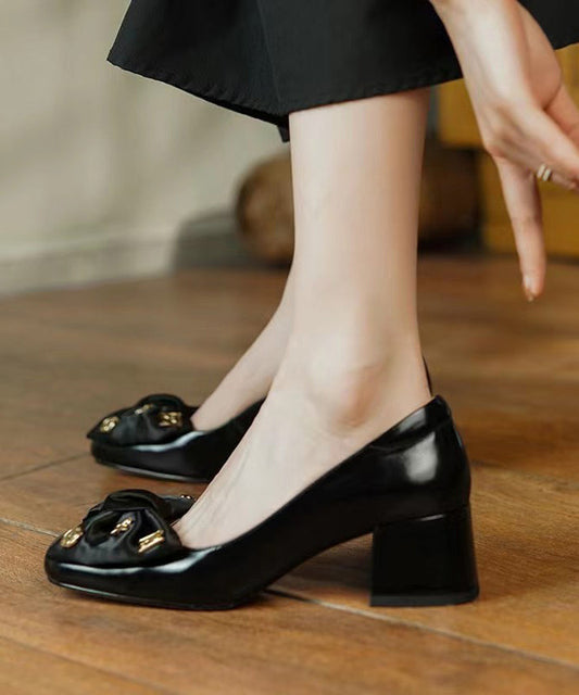 Black Bow Loafers For Women Chunky Heel Faux Leather QK027