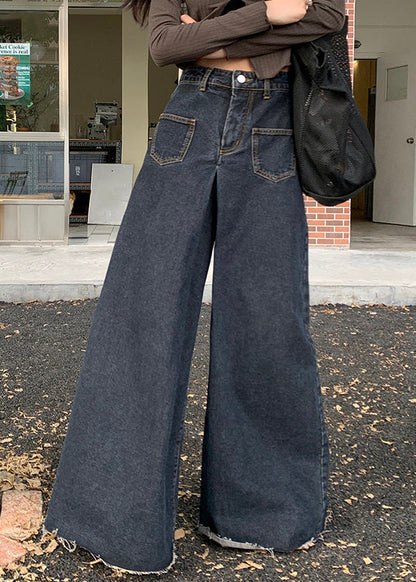 Pantalon large en denim à boutons noirs taille haute PP027