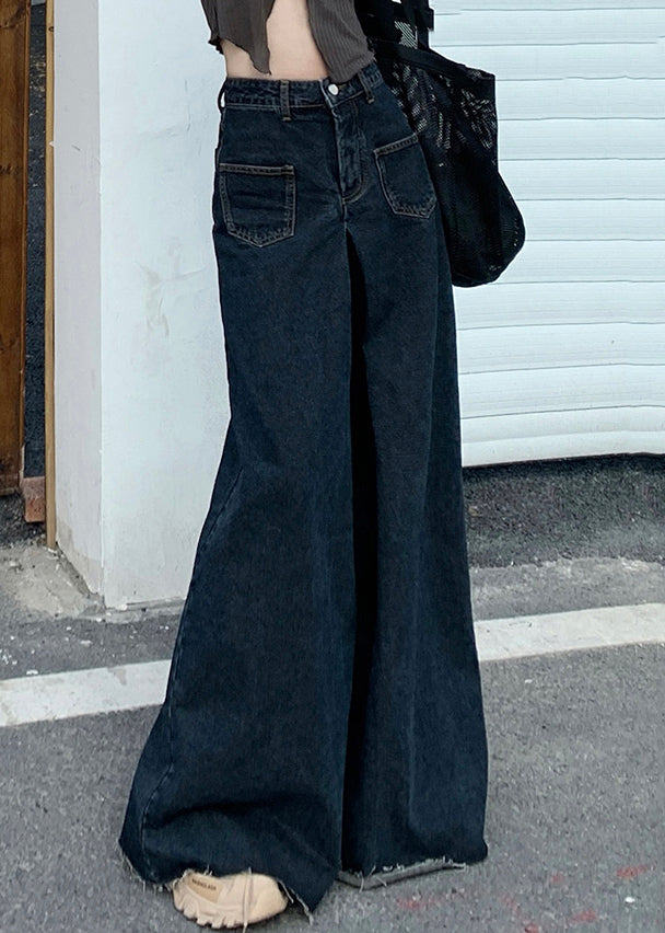 Schwarze Denimhose mit weitem Bein und hoher Taille, Knopfleiste, PP027