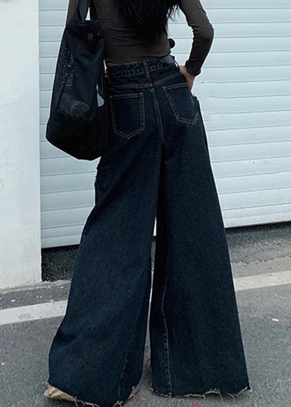 Pantalon large en denim à boutons noirs taille haute PP027