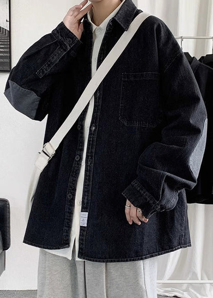 Button Pan Frühling Hemden Kragen Lose Männer Denim Peter Schwarz