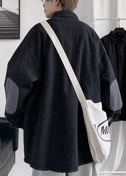 Button Pan Frühling Hemden Kragen Lose Männer Denim Peter Schwarz