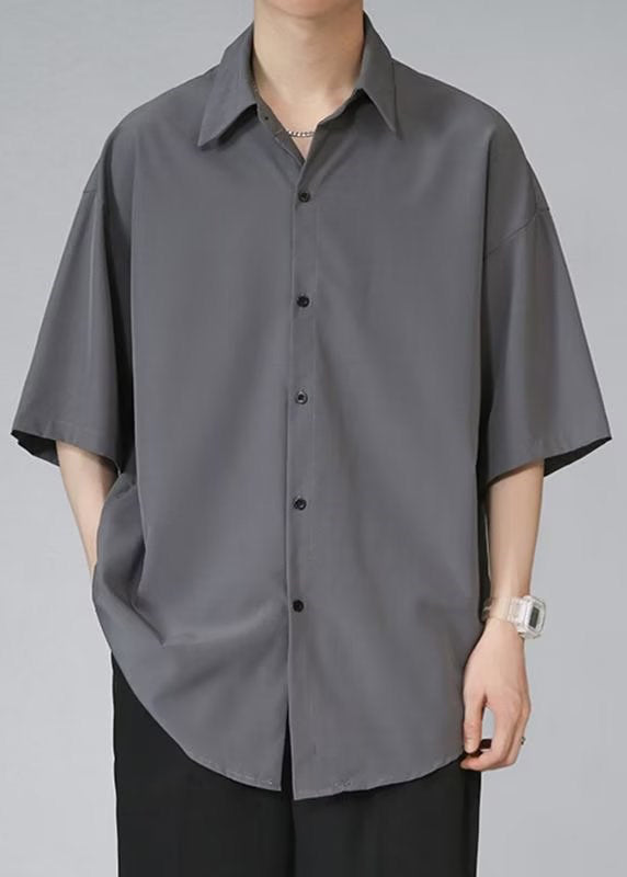 Black Half Silk Pan Ice Shirt Mens Collar Solid Peter Button