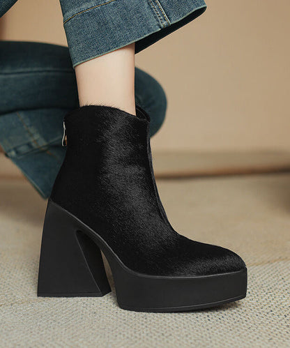 Bottes noires à talons épais et fermeture éclair en crin de cheval YR036