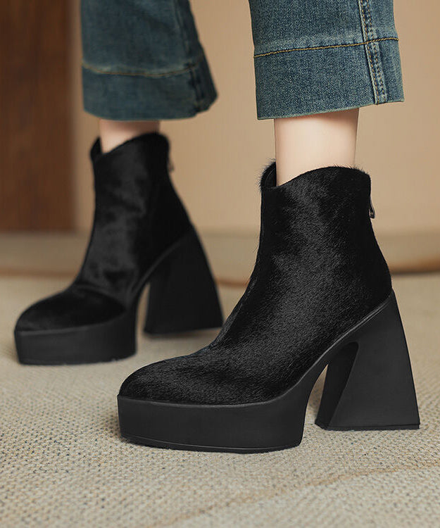Bottes noires à talons épais et fermeture éclair en crin de cheval YR036