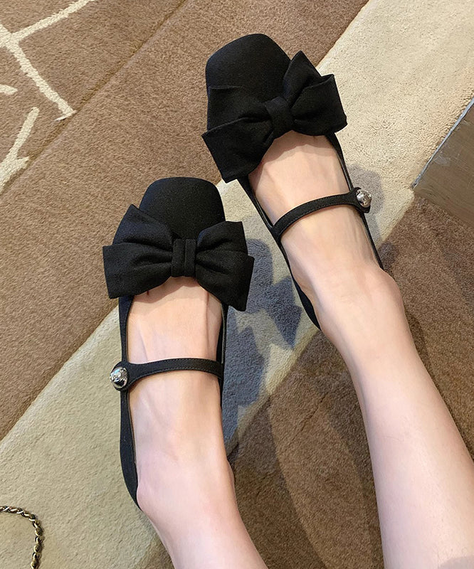 Fabric Cotton Flat Black Bow Buckle Shoes Strap Splicing