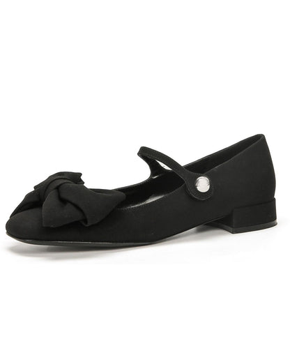 Fabric Cotton Flat Black Bow Buckle Shoes Strap Splicing