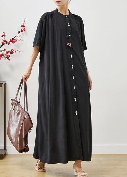 Robe en coton noir à col montant et à imprimé oversize pour l'été AP1072