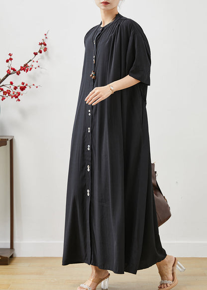 Robe en coton noir à col montant et à imprimé oversize pour l'été AP1072