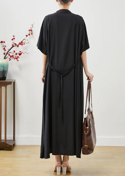 Robe en coton noir à col montant et à imprimé oversize pour l'été AP1072