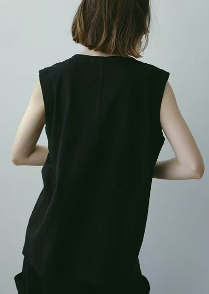 Sleeveless Cotton Tops V Neck Black Tank