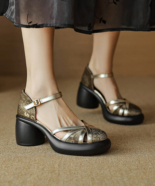 Leather Buckle Splicing Black Sandals Cowhide Chunky Strap Heel