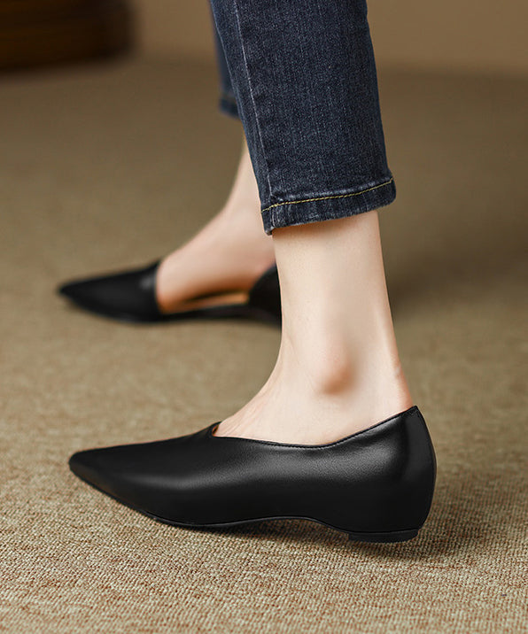 Black Cowhide Leather Fashion Splicing Flat Shoes For Women AP1002