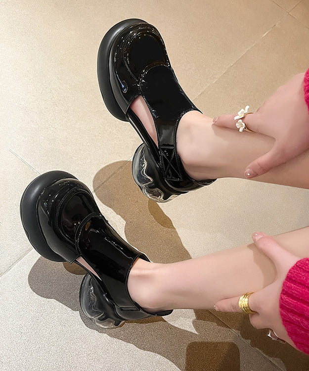 Hollow Chic Splicing Rindsleder Black Out Plateau-Leder-Loafer