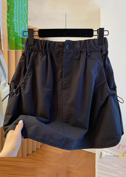 Jupe en coton noire avec poches à cordon de serrage et taille élastique QE017