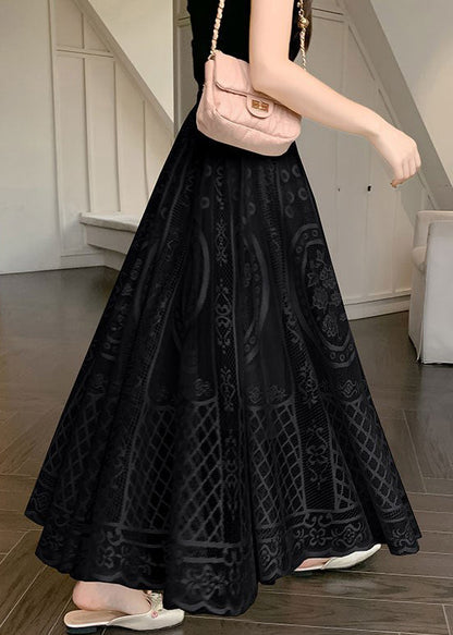 Jupe d'été noire en dentelle brodée à taille élastique