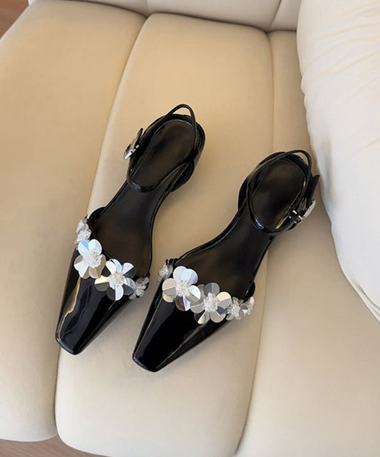 Floral Black Sandals Splicing Leather Chunky Faux