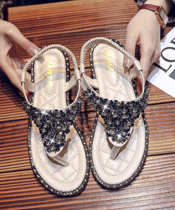 Leather Zircon Faux Black Splicing Flip Flops