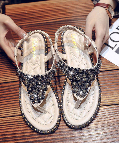Leather Zircon Faux Black Splicing Flip Flops