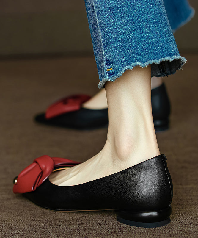Black Flat Feet Shoes Cowhide Leather Fashion Pointed Toe Bow RT1016
