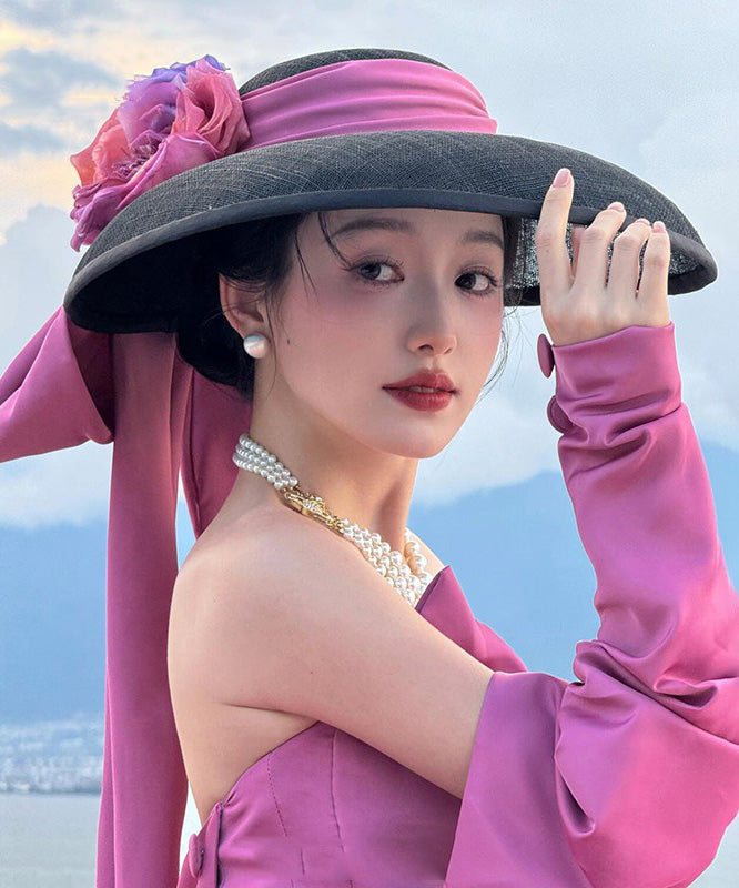 Hat Large Floral Brim Black Bow With French A