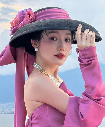 Hat Large Floral Brim Black Bow With French A