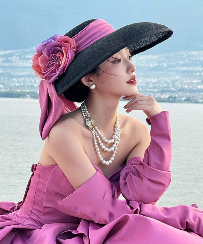 Hat Large Floral Brim Black Bow With French A