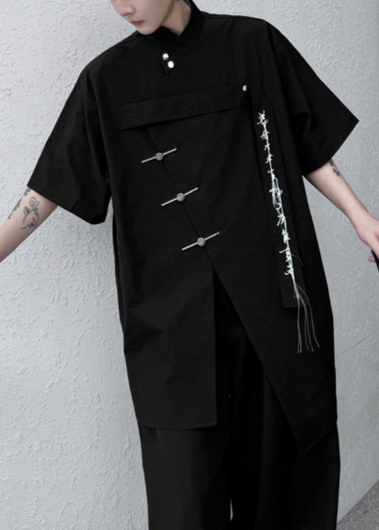 Chemise d'été noire brodée sur le devant, ample et ouverte, en coton, pour homme