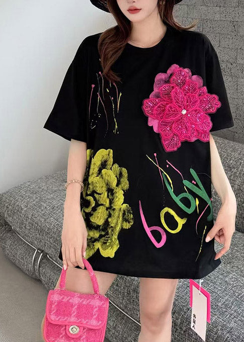 Florale schwarze Print Tanks Baumwolle verziert Sommer Graffiti