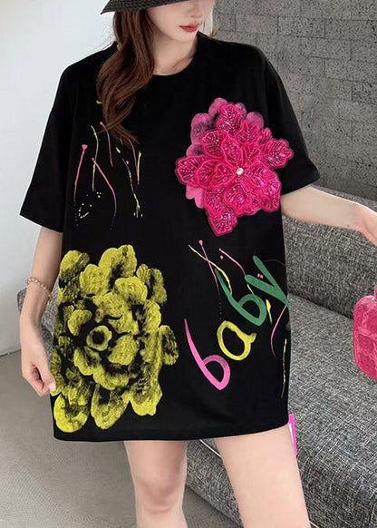 Florale schwarze Print Tanks Baumwolle verziert Sommer Graffiti